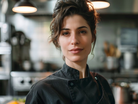 portrait of a thoughtful woman in a chef's uniformの素材