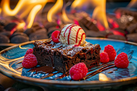 Decadent chocolate brownie with ice cream and raspberriesの素材