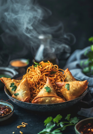 Steaming hot asian noodle dish with fried dumplingsの素材