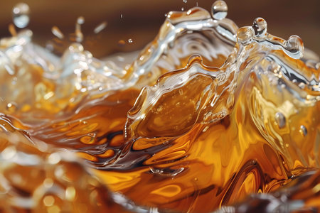 Closeup of amber-colored liquid with splashing and bubblesの素材