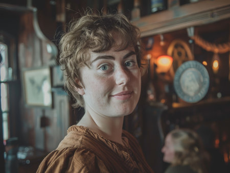 Portrait of a young woman with curly hair in a cozy settingの素材