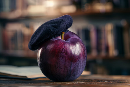 Vibrant red apple with navy blue beret on wooden tableの素材
