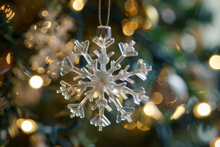 Sparkling snowflake ornament on christmas treeの素材