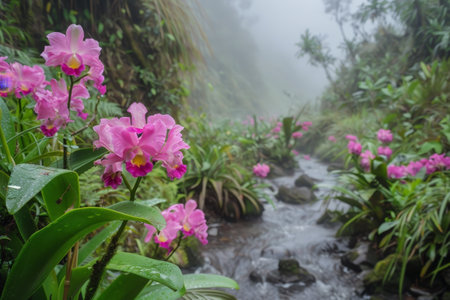 Vibrant orchids in lush tropical rainforestの素材