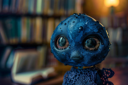 Closeup of a mysterious blue creature with large eyesの素材
