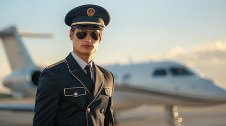 Confident military pilot in uniform and sunglasses standing in front of airplaneの素材