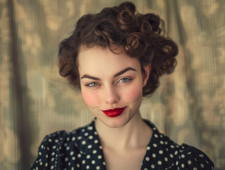 Retro woman with curly hair and red lipstickの素材