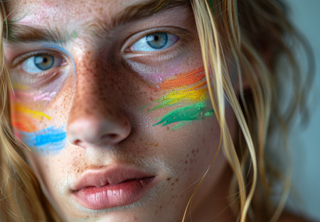 Colorful face paint on freckled skinの素材