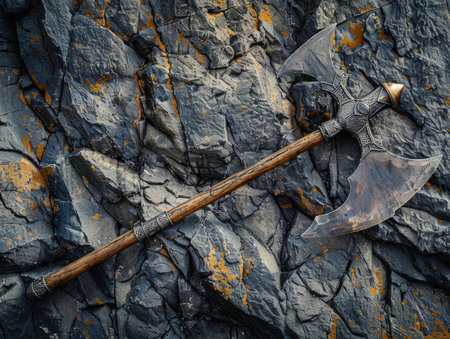 ancient battle axe on cracked stone backgroundの素材