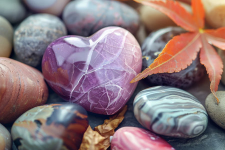 Colorful natural stones and autumn leavesの素材