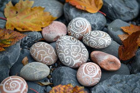 Autumn decorative stones with leaf patternsの素材