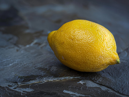 Close-up of a ripe yellow lemon on a dark backgroundの素材