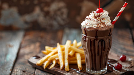 Delicious chocolate milkshake with whipped cream and cherry on top, served with french friesの素材