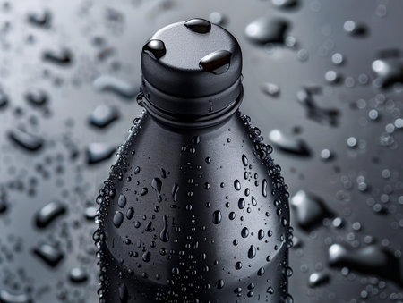 close-up of a black water bottle covered in water dropletsの素材