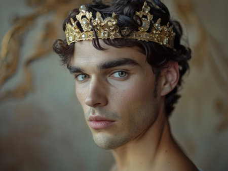 Regal portrait of a young man in a golden crownの素材