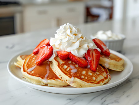 Delicious pancakes topped with fresh strawberries and whipped creamの素材