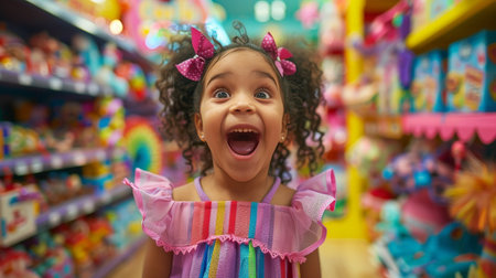 Excited young girl in colorful party dressの素材