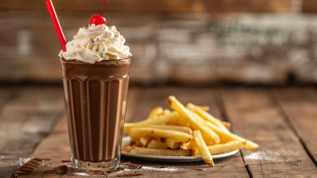 Delicious chocolate milkshake with whipped cream and cherry on top, served with french friesの素材