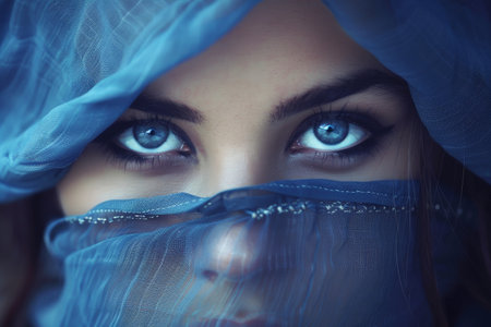 Mysterious blue-eyed woman in blue veilの素材