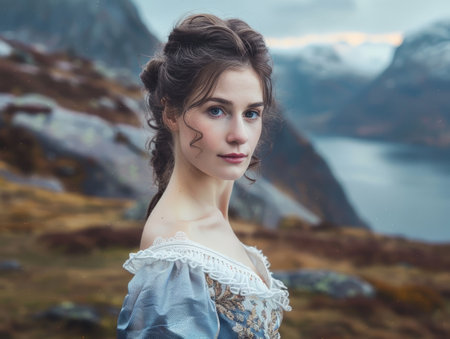 portrait of a woman in a scenic mountain landscapeの素材