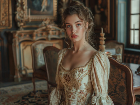 elegant woman in vintage dress in ornate roomの素材