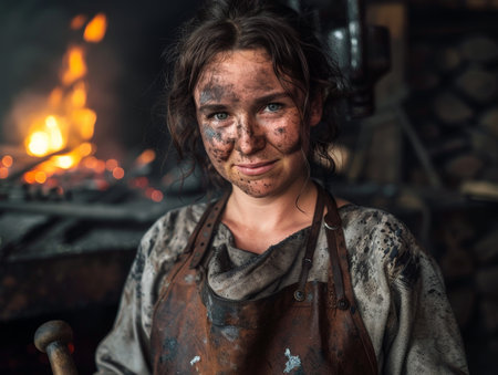 portrait of a young woman with a rugged, weathered appearanceの素材