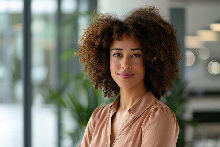 Confident young woman with curly hair in a pink blouseの素材
