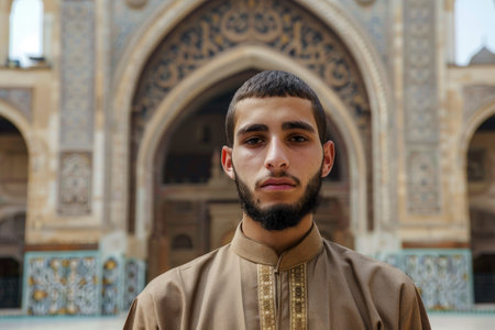 man in traditional middle eastern clothing standing in front of ornate architectureの素材