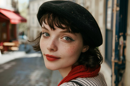 Stylish young woman with red lips and frecklesの素材