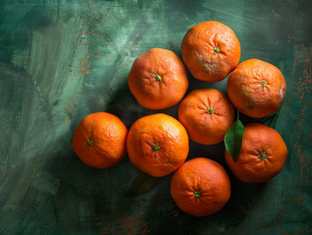 Vibrant orange mandarins on a dark green backgroundの素材