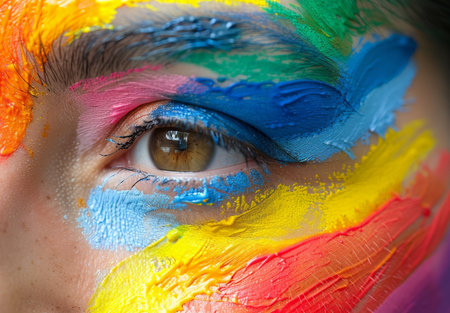 Vibrant makeup art with colorful feathersの素材