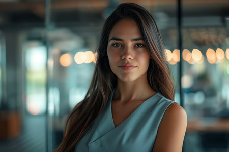 Confident young woman in blue dressの素材