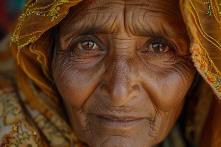 Close-up portrait of an elderly woman with wrinkled face and eyesの素材