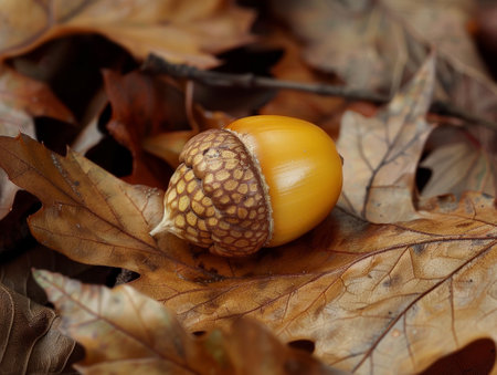 Autumn acorn on fallen leavesの素材
