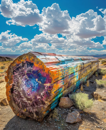 Vibrant desert landscape with colorful graffiti-covered rock formationの素材