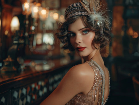 Glamorous woman in vintage style dress and headpieceの素材