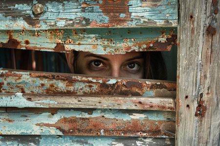 Mysterious eyes peeking through weathered wooden boardsの素材