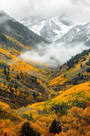 Autumn mountain landscape with snowy peaks and colorful foliageの素材