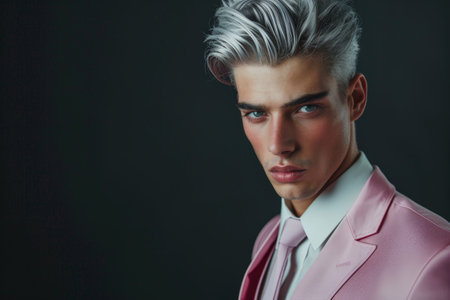 Stylish man with dyed hair in pink suitの素材