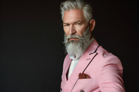 Stylish senior man with gray beard wearing pink suitの素材