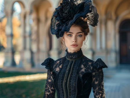 elegant woman in victorian style dress and hatの素材