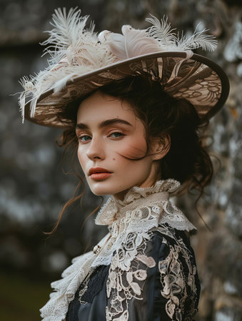 Elegant woman in vintage lace dress and feathered hatの素材