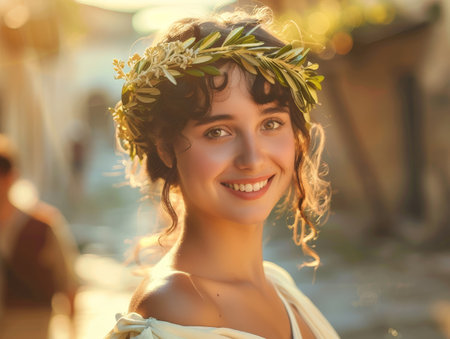smiling woman with flower crownの素材