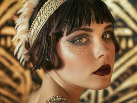 glamorous woman with ornate headpiece and dramatic makeupの素材