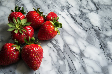 Fresh ripe red strawberries on a marble backgroundの素材