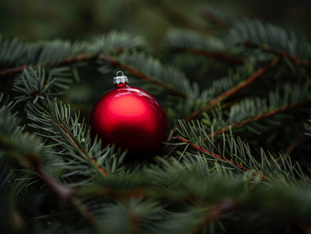 Festive red christmas ornament on pine tree branchの素材