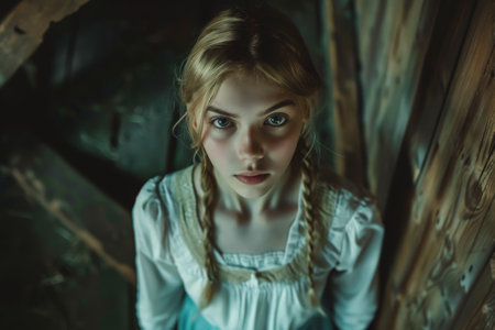 Pensive young woman with braided hair in rustic interiorの素材