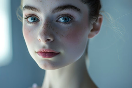 Close up portrait of a young woman with freckles and blue eyesの素材