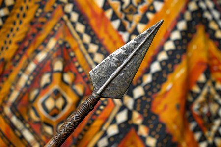 Ornate tribal spearhead on colorful patterned backgroundの素材