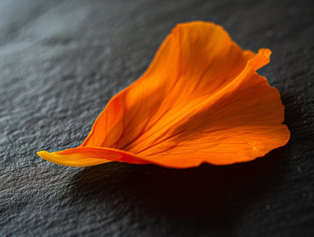 Vibrant orange flower petal on dark backgroundの素材